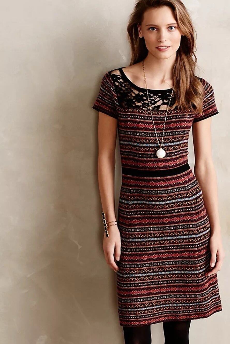 Anthropologie Sparrow Women Sweater Dress XS Fairisle Stripes Lace Crochet